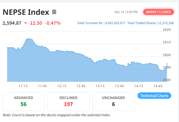 १४ कारोबार दिनपछि २६०० विन्दुमुनि झर्यो नेप्से, परिसूचक १२.५० अंकले घट्यो