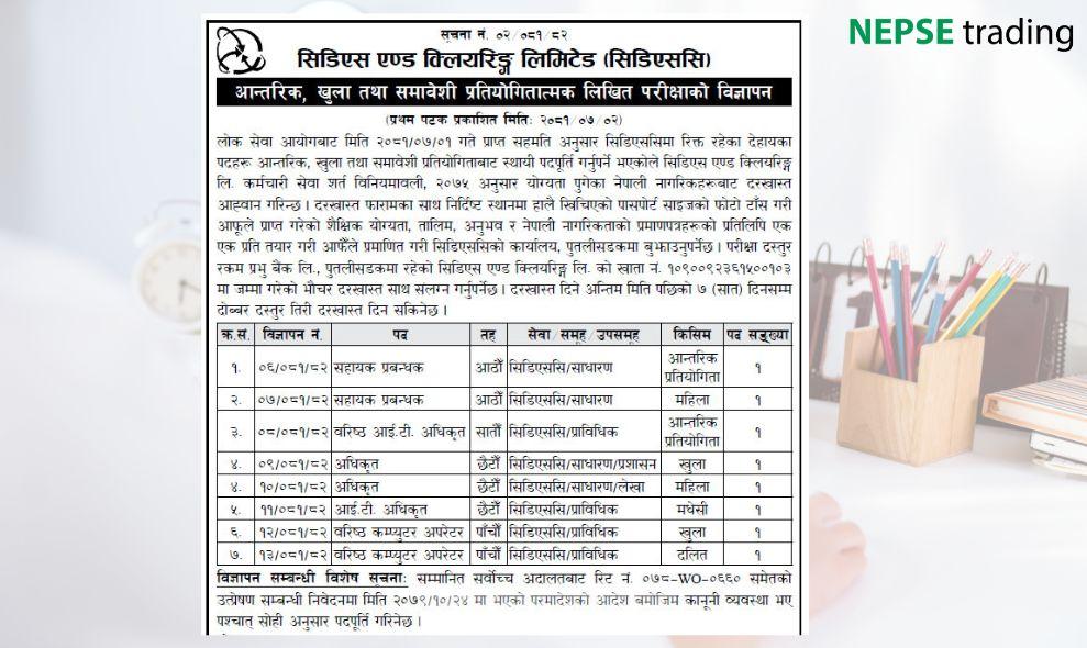 सिडिएस एन्ड क्लियरिङ लिमिटेडले विभिन्न पदमा दरखास्त खुलायो