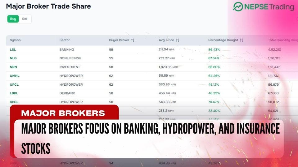 मुख्य ब्रोकरहरूबाट बैंकिङ, हाइड्रोपावर र इन्स्योरेन्स सेयरमा उच्च खरिद — LSL, NLG र NRN अग्रपंक्तिमा